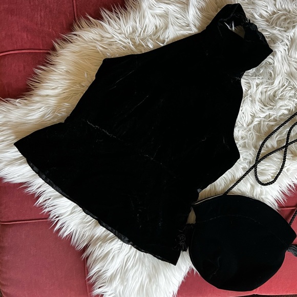 Vintage Black Velvet Bodysuit & Matching Evening Bag 90s Glam Retro Party Outfit - Picture 2 of 13